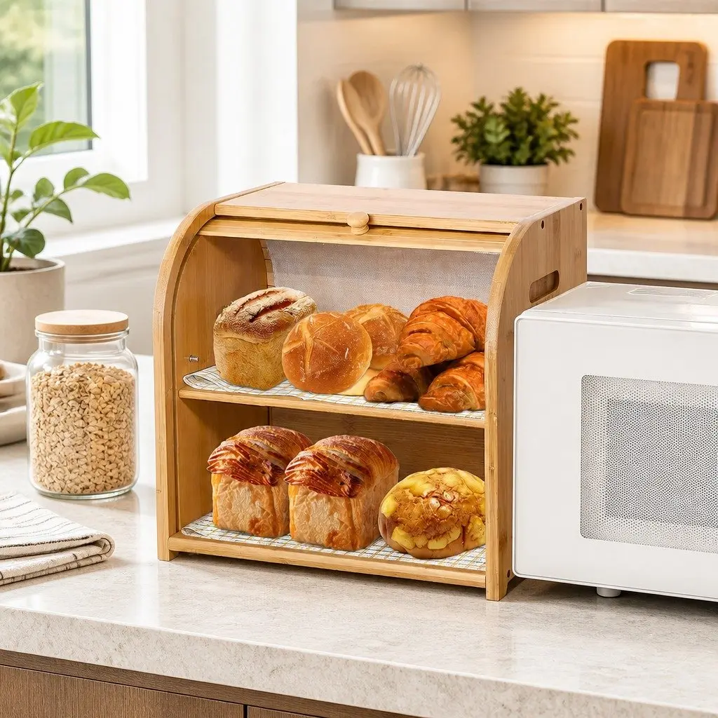 Bamboo Bread Box Roll Top Storage Organizer Kitchen Counter 2-Tier