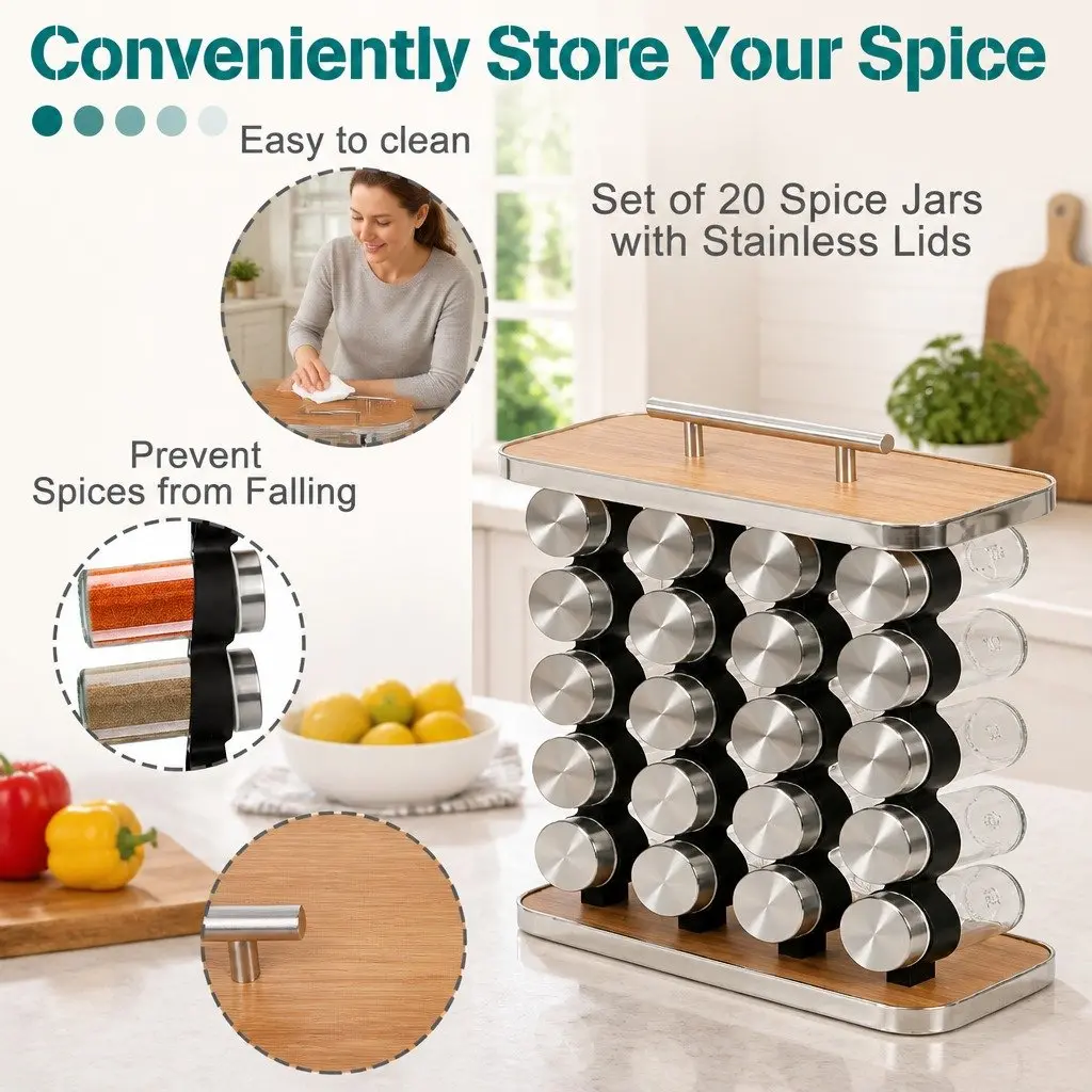 Spice Rack Organizer 20-Jar Kitchen Storage Countertop Cabinet Solution