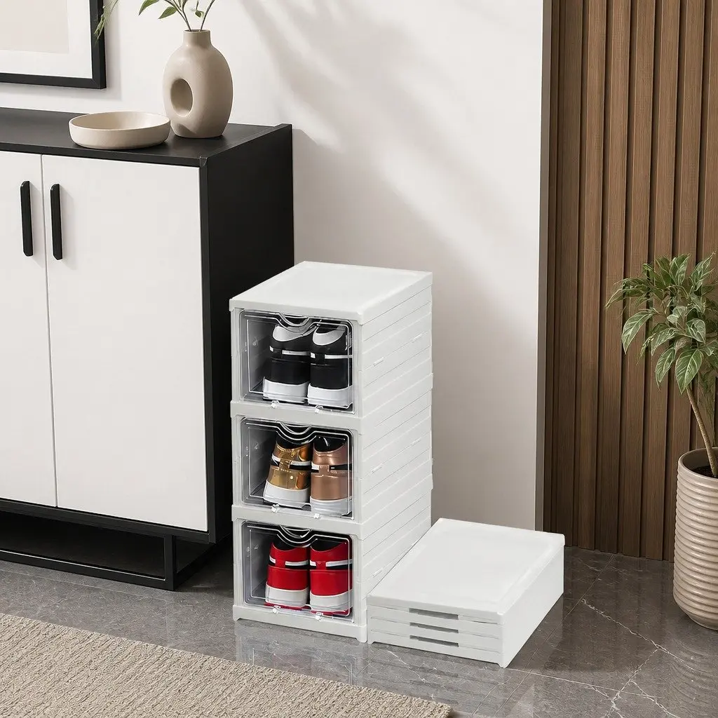 3-Tier Stackable Shoe Storage Box Organizer with Clear Door for Closet Entryway
