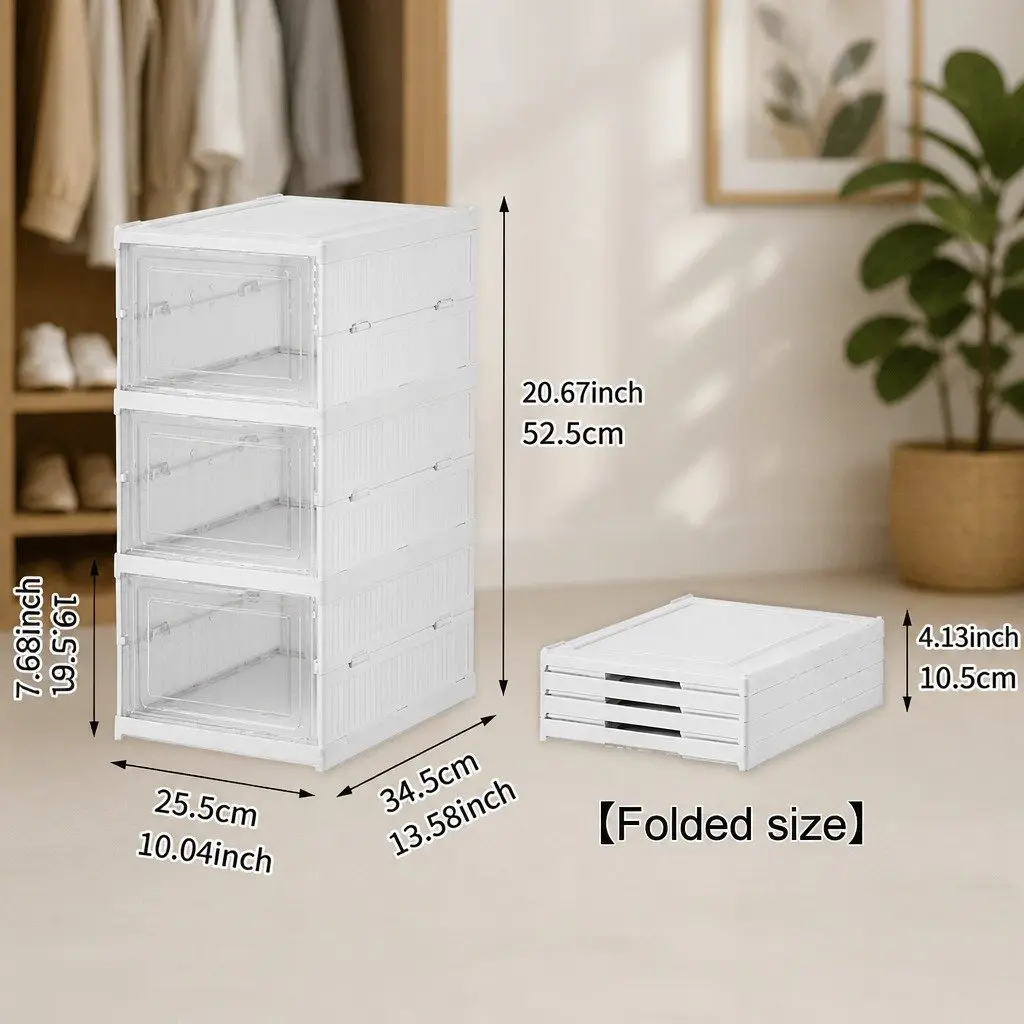 3-Tier Stackable Shoe Storage Box Organizer with Clear Door for Closet Entryway