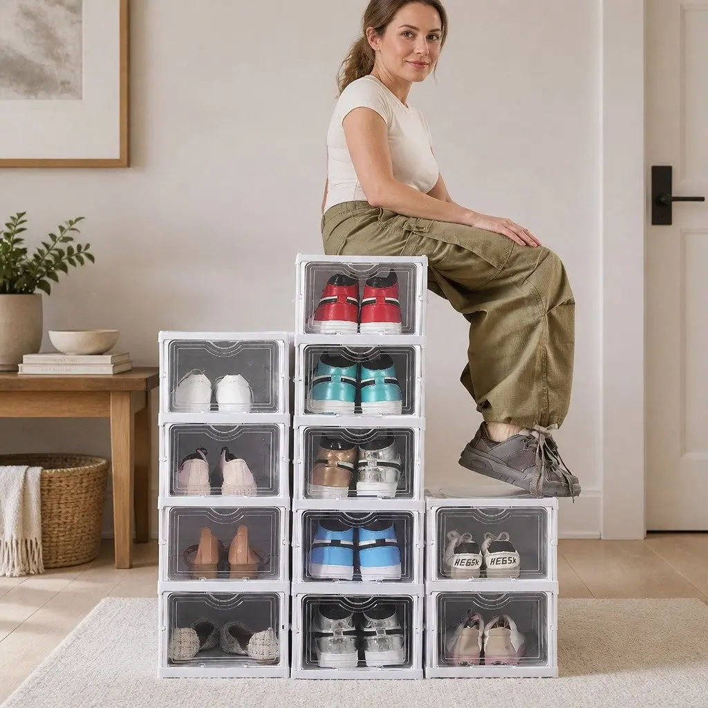 3-Tier Stackable Shoe Storage Box Organizer with Clear Door for Closet Entryway