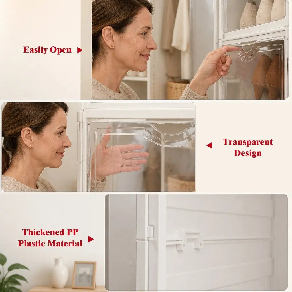 3-Tier Stackable Shoe Storage Box Organizer with Clear Door for Closet Entryway