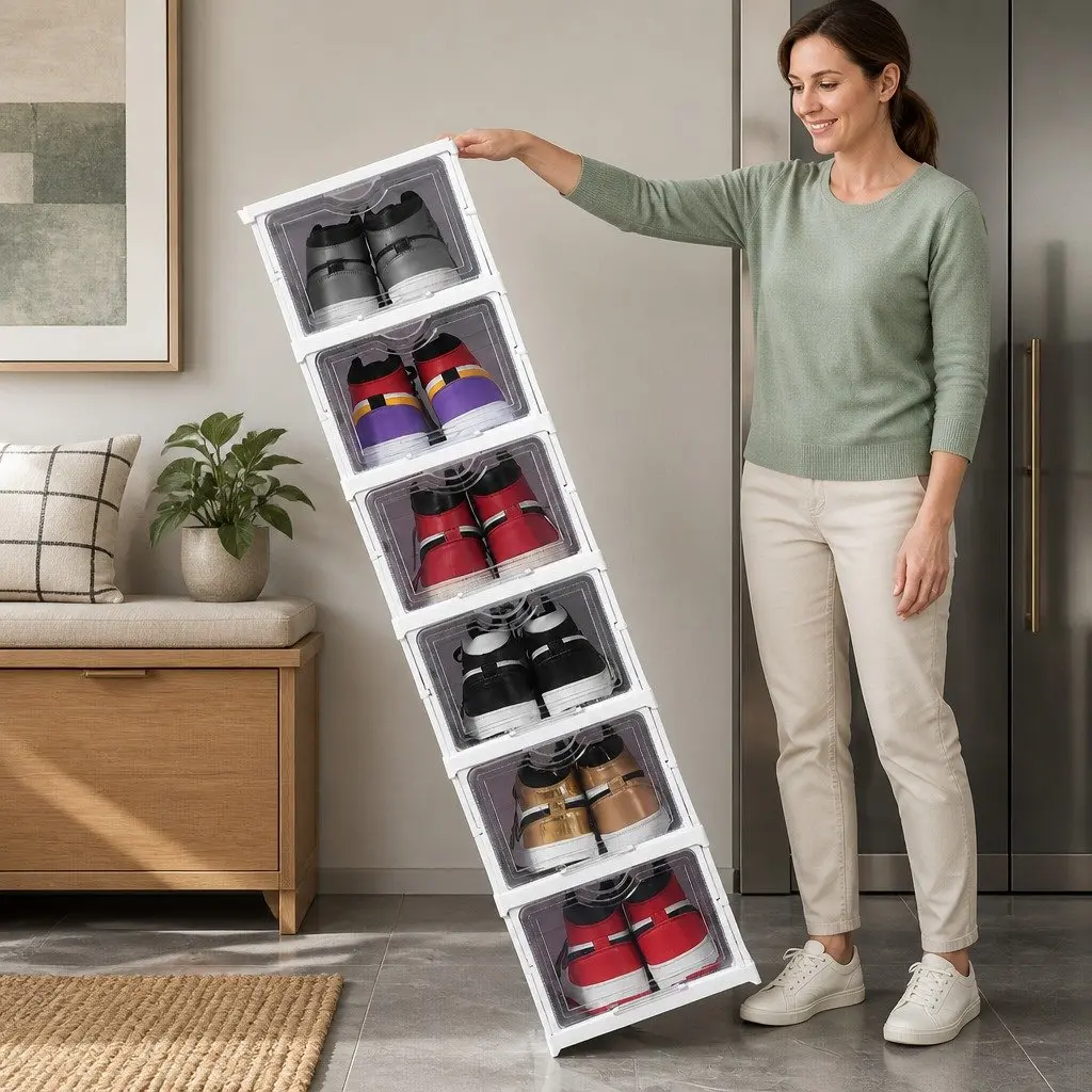 3-Tier Stackable Shoe Storage Box Organizer with Clear Door for Closet Entryway