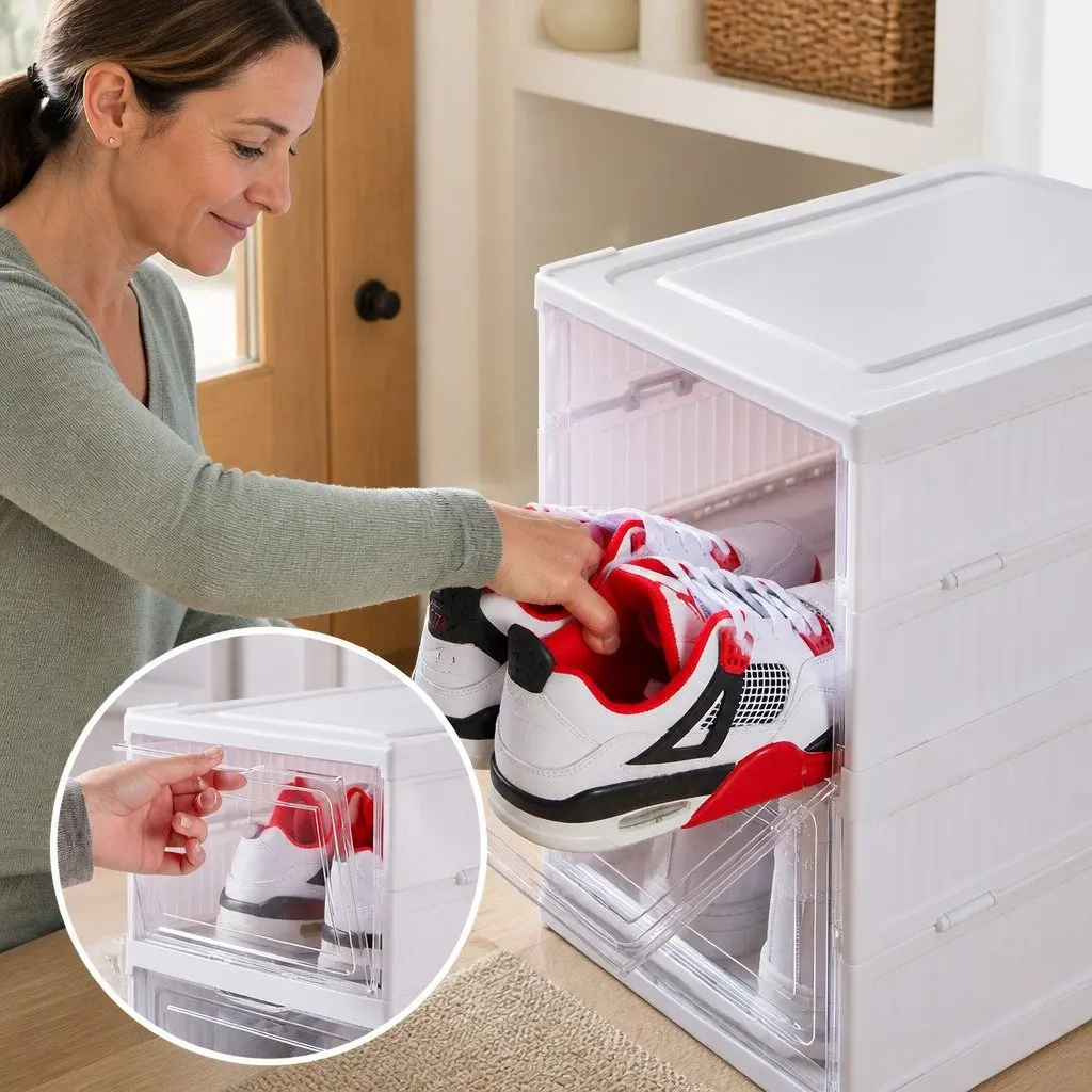 3-Tier Stackable Shoe Storage Box Organizer with Clear Door for Closet Entryway