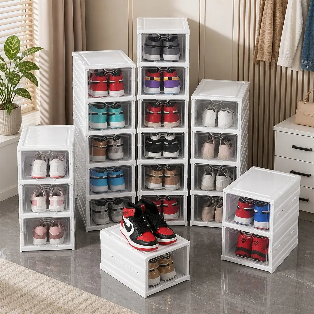 3-Tier Stackable Shoe Storage Box Organizer with Clear Door for Closet Entryway