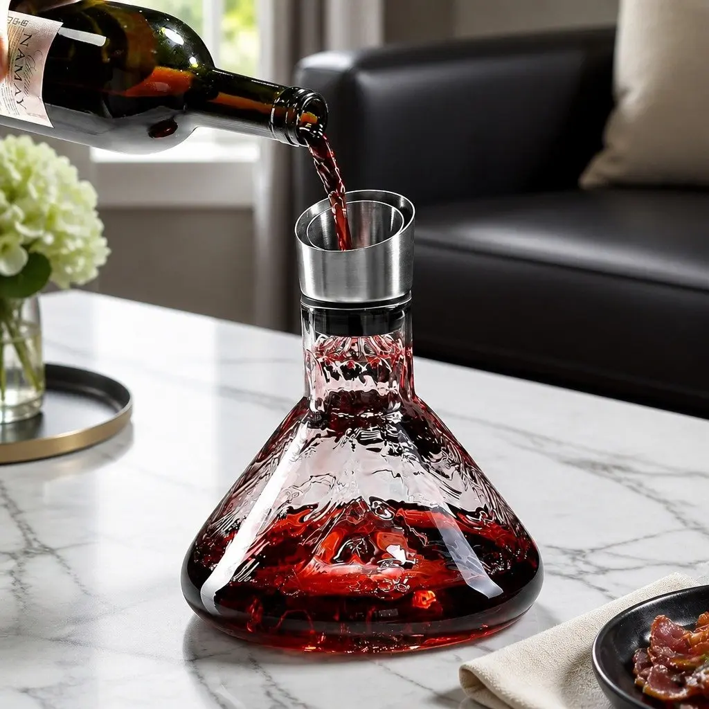 Wine Decanter for Home Bar 22cm Hand-Blown Crystal Glass with Waterfall Aerator and Dual-Layer Filter