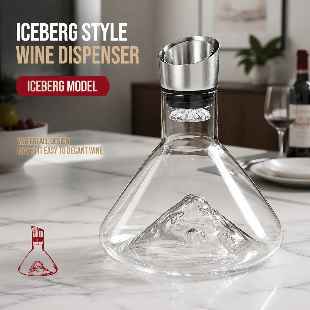 Wine Decanter for Home Bar 22cm Hand-Blown Crystal Glass with Waterfall Aerator and Dual-Layer Filter