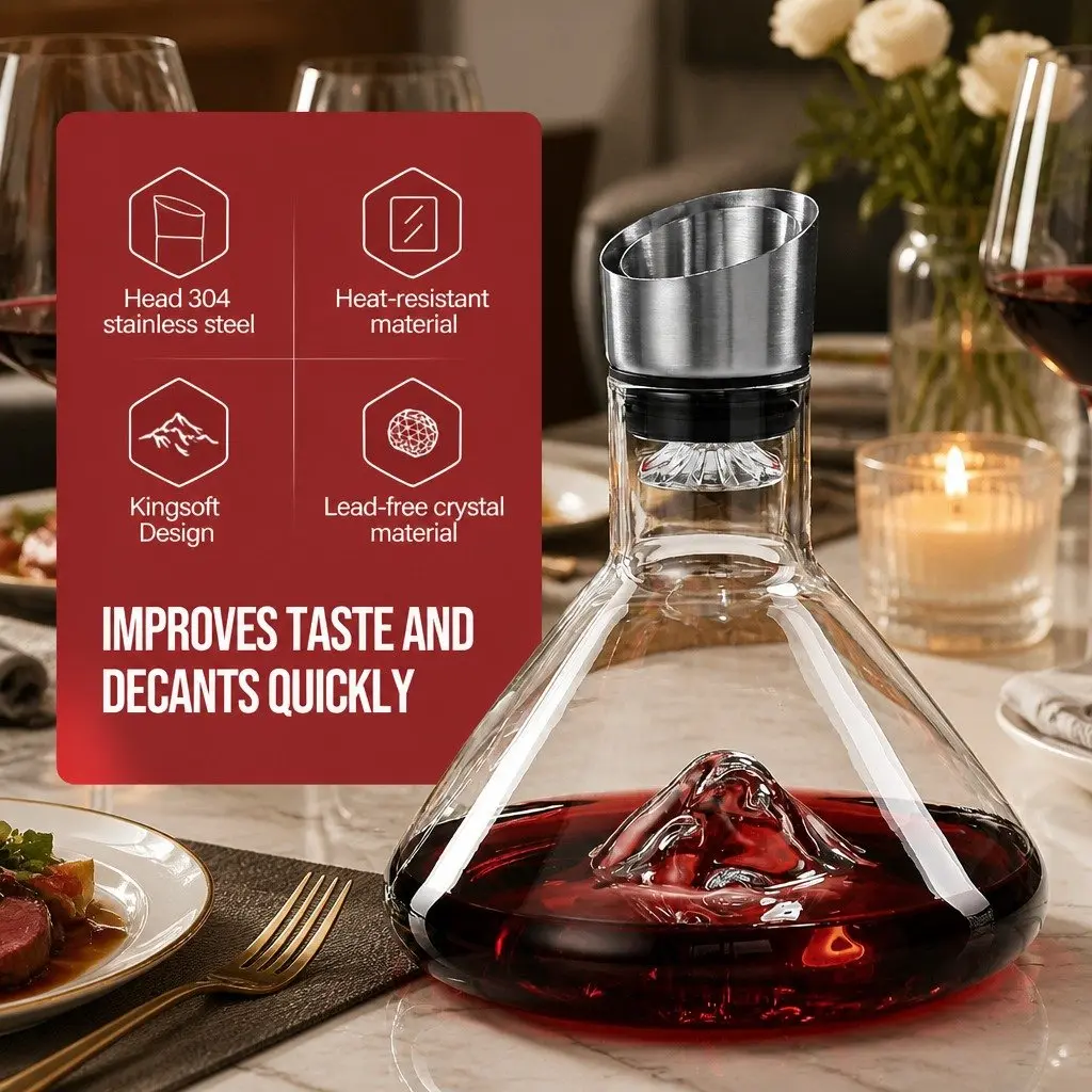Wine Decanter for Home Bar 22cm Hand-Blown Crystal Glass with Waterfall Aerator and Dual-Layer Filter