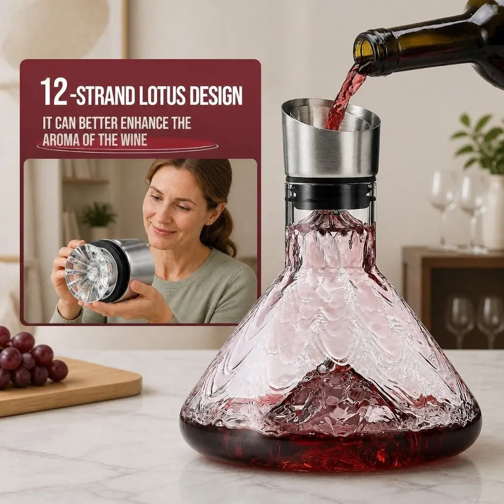Wine Decanter for Home Bar 22cm Hand-Blown Crystal Glass with Waterfall Aerator and Dual-Layer Filter