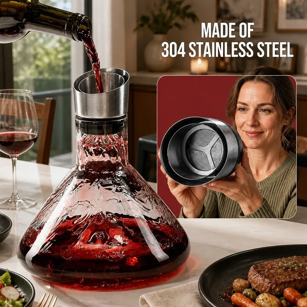 Wine Decanter for Home Bar 22cm Hand-Blown Crystal Glass with Waterfall Aerator and Dual-Layer Filter