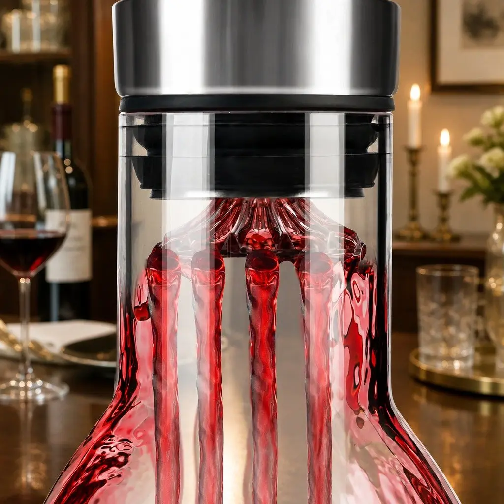 Wine Decanter for Home Bar 22cm Hand-Blown Crystal Glass with Waterfall Aerator and Dual-Layer Filter
