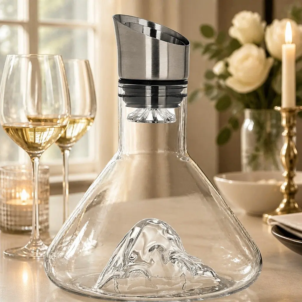 Wine Decanter for Home Bar 22cm Hand-Blown Crystal Glass with Waterfall Aerator and Dual-Layer Filter
