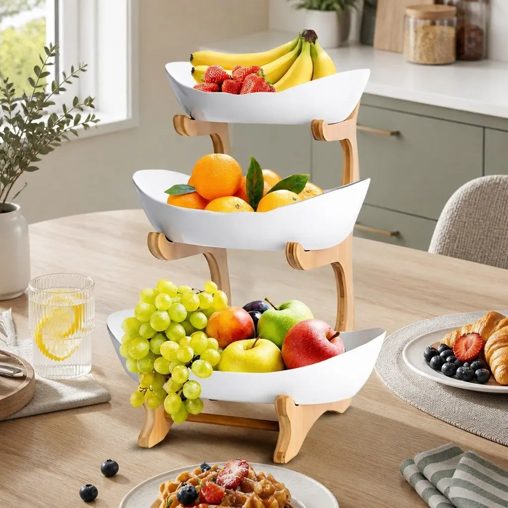 3-Tier Ceramic Fruit Bowl Stand for Kitchen Counter 29 x 36 x 41 cm