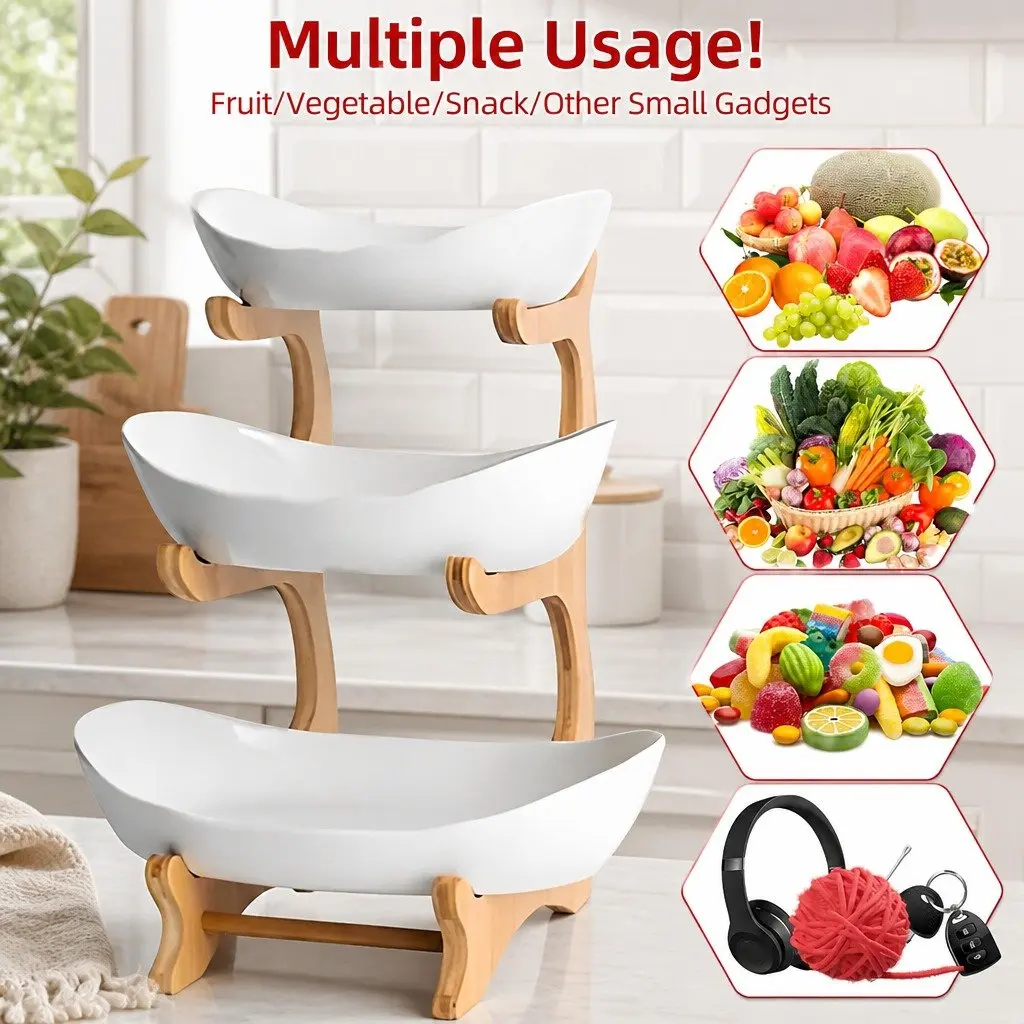 3-Tier Ceramic Fruit Bowl Stand for Kitchen Counter 29 x 36 x 41 cm