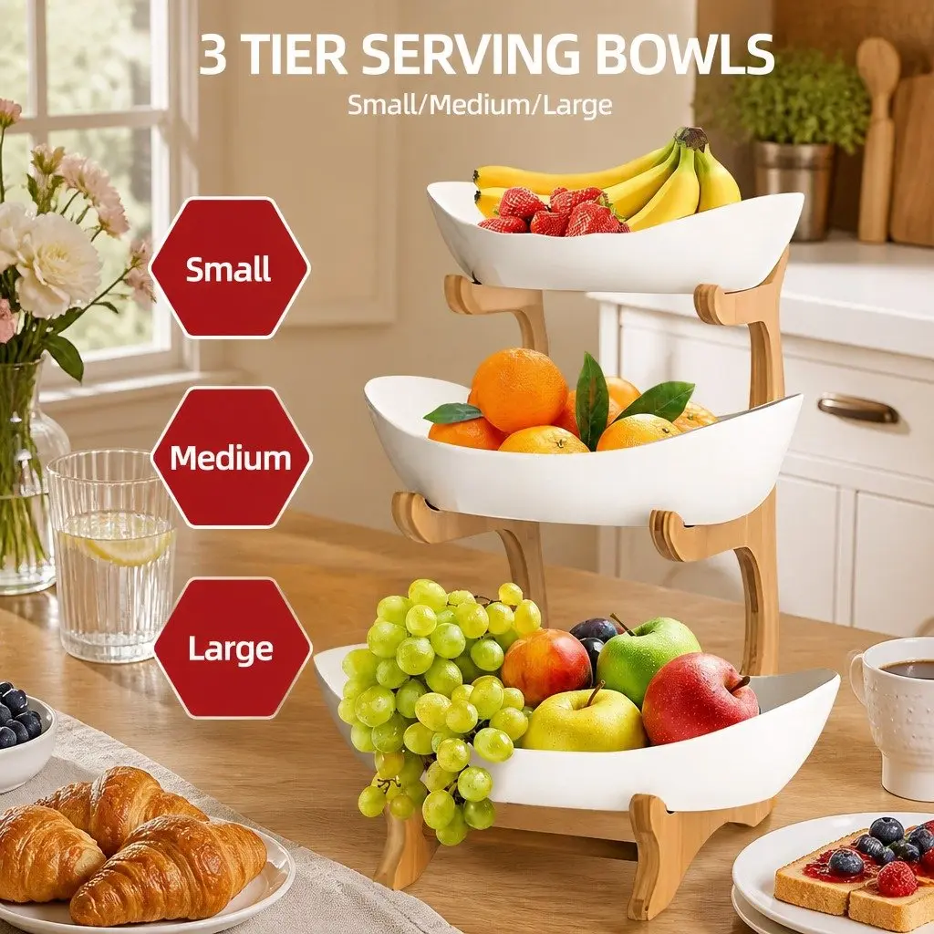 3-Tier Ceramic Fruit Bowl Stand for Kitchen Counter 29 x 36 x 41 cm