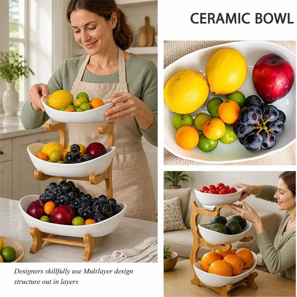 3-Tier Ceramic Fruit Bowl Stand for Kitchen Counter 29 x 36 x 41 cm