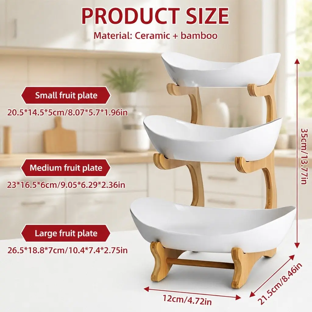3-Tier Ceramic Fruit Bowl Stand for Kitchen Counter 29 x 36 x 41 cm