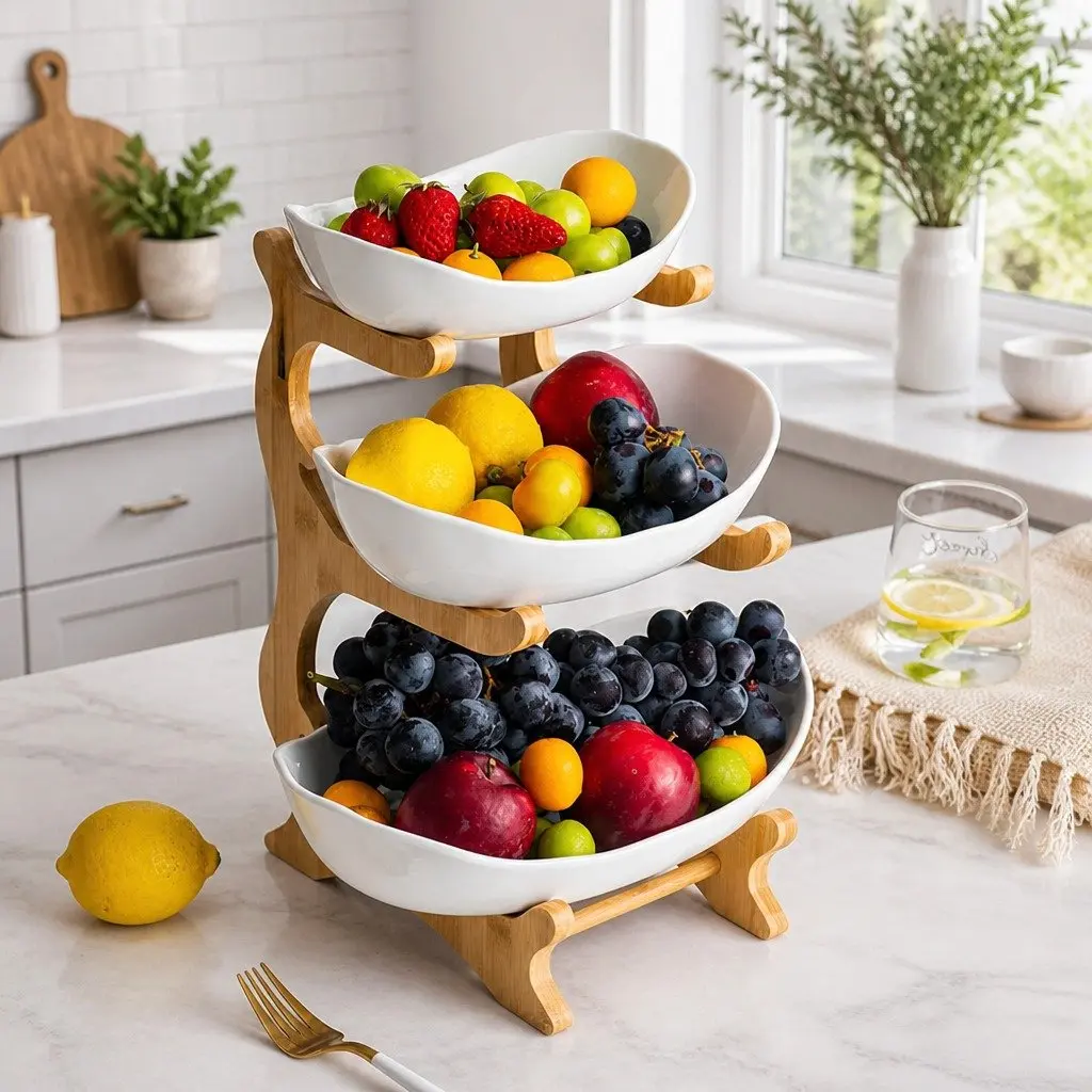3-Tier Ceramic Fruit Bowl Stand for Kitchen Counter 29 x 36 x 41 cm