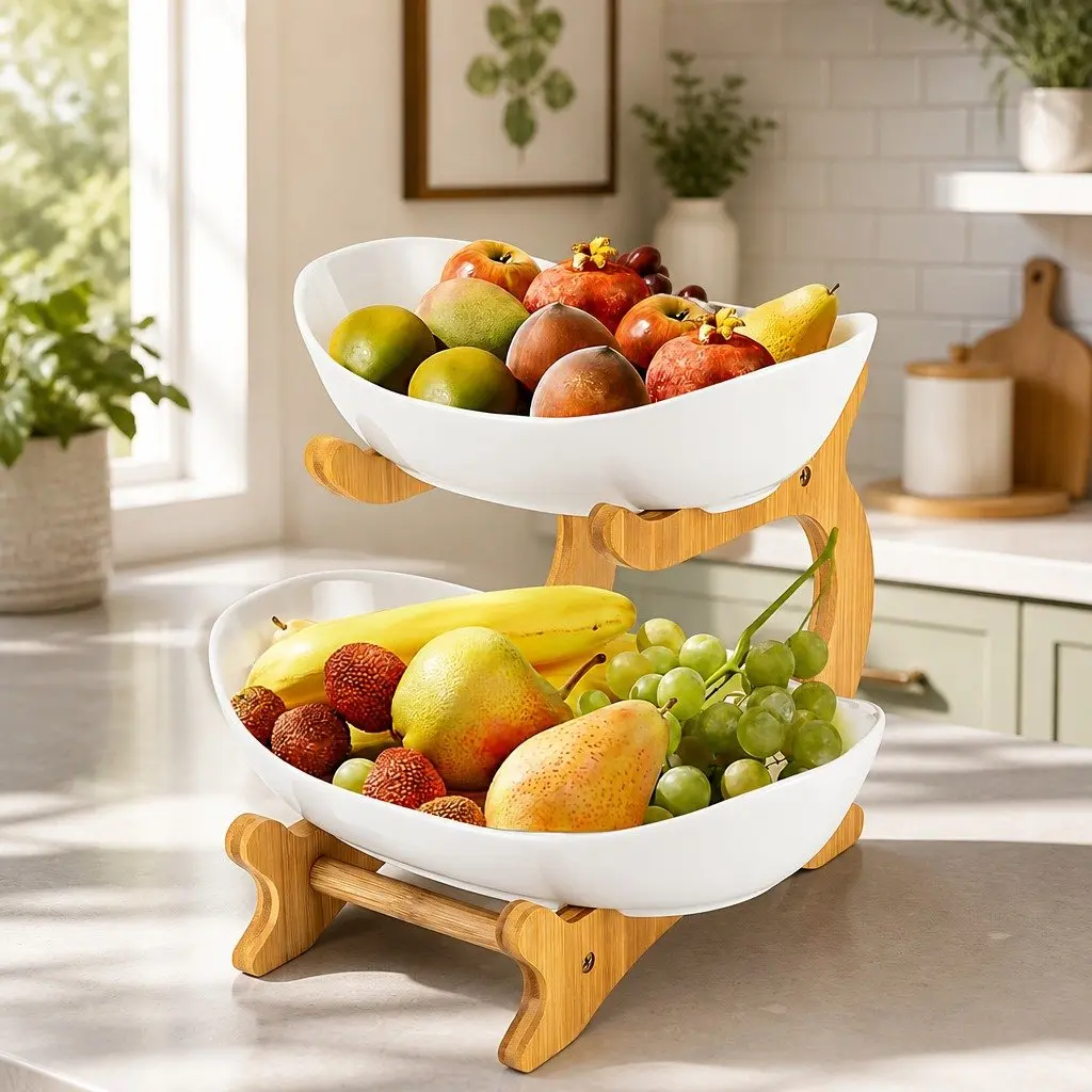 2-Tier Ceramic Fruit Bowl with Bamboo Stand Kitchen Counter
