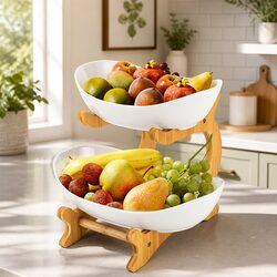 Dimensions of 2-Tier Ceramic Fruit Bowl with Bamboo Stand