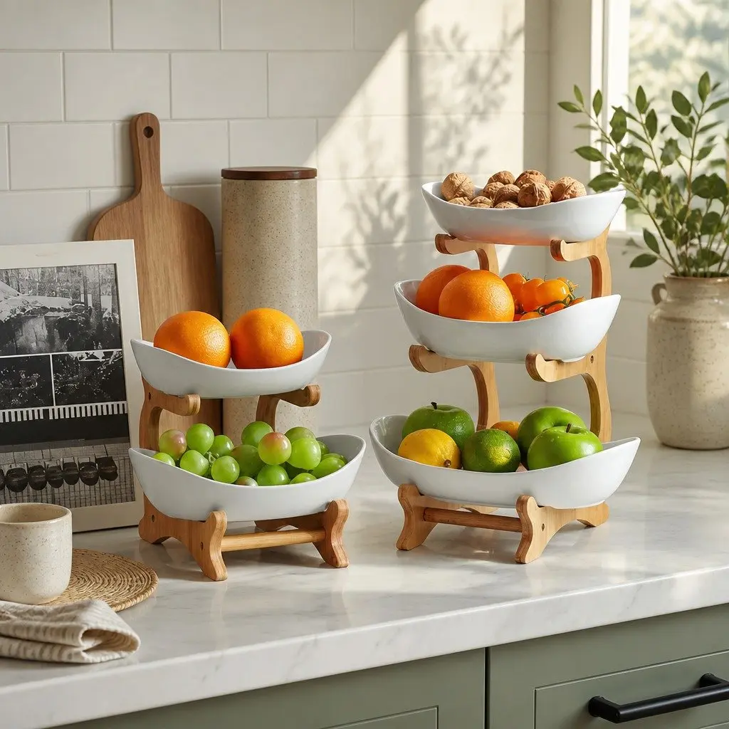 2-Tier Ceramic Fruit Bowl with Bamboo Stand Kitchen Counter