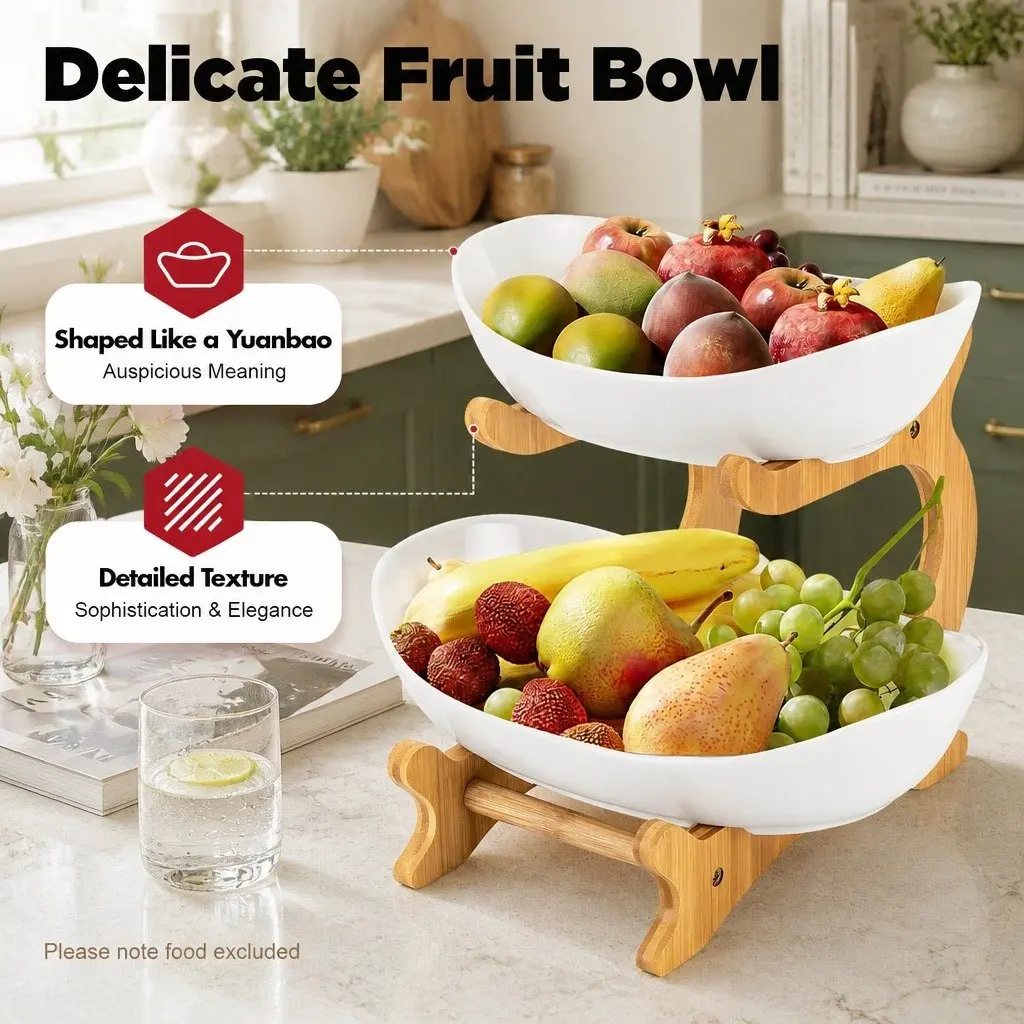 2-Tier Ceramic Fruit Bowl with Bamboo Stand Kitchen Counter