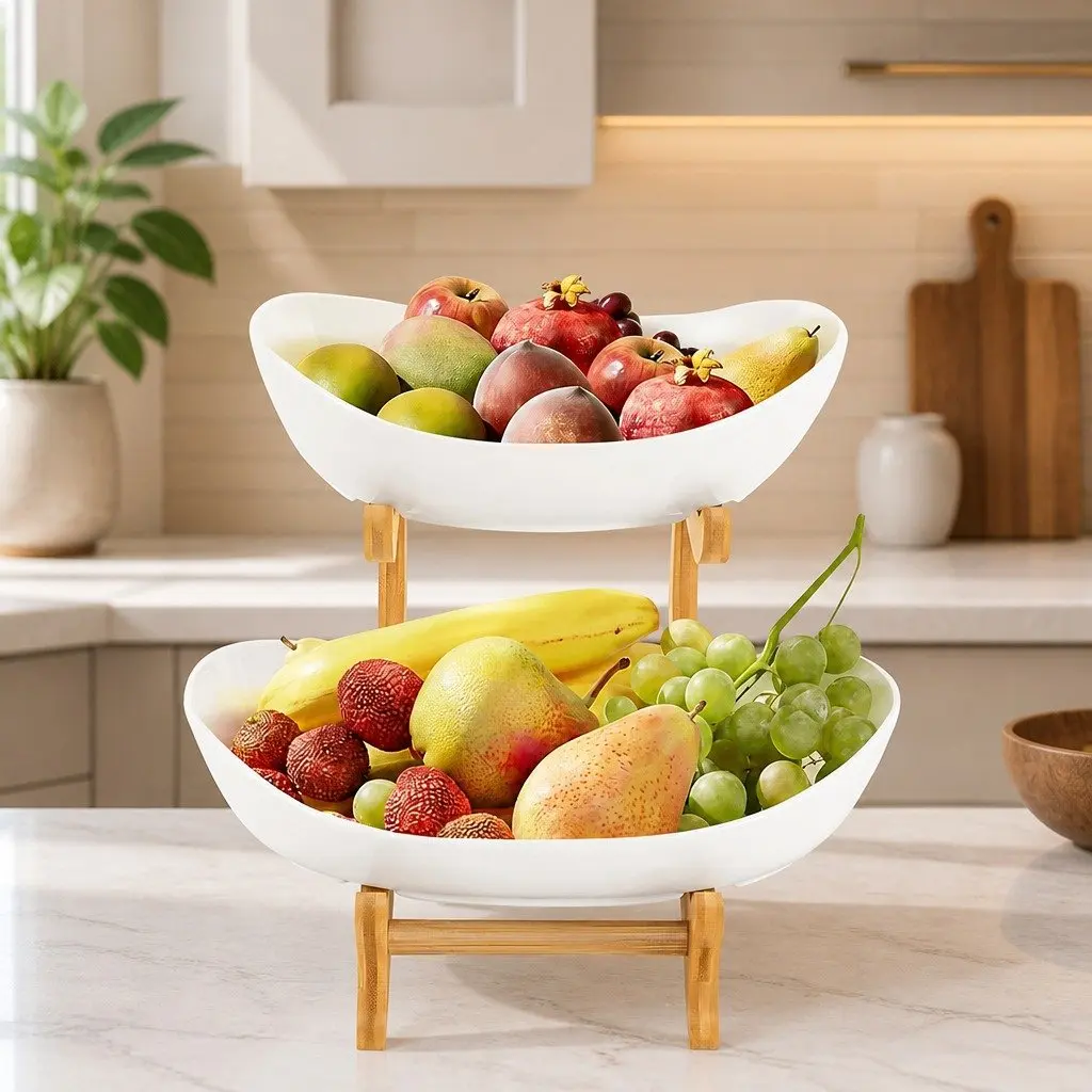 2-Tier Ceramic Fruit Bowl with Bamboo Stand Kitchen Counter