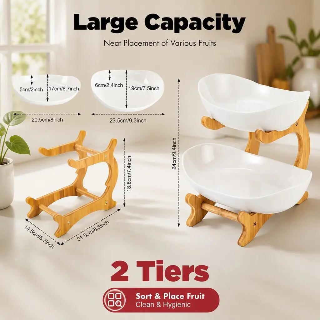 2-Tier Ceramic Fruit Bowl with Bamboo Stand Kitchen Counter