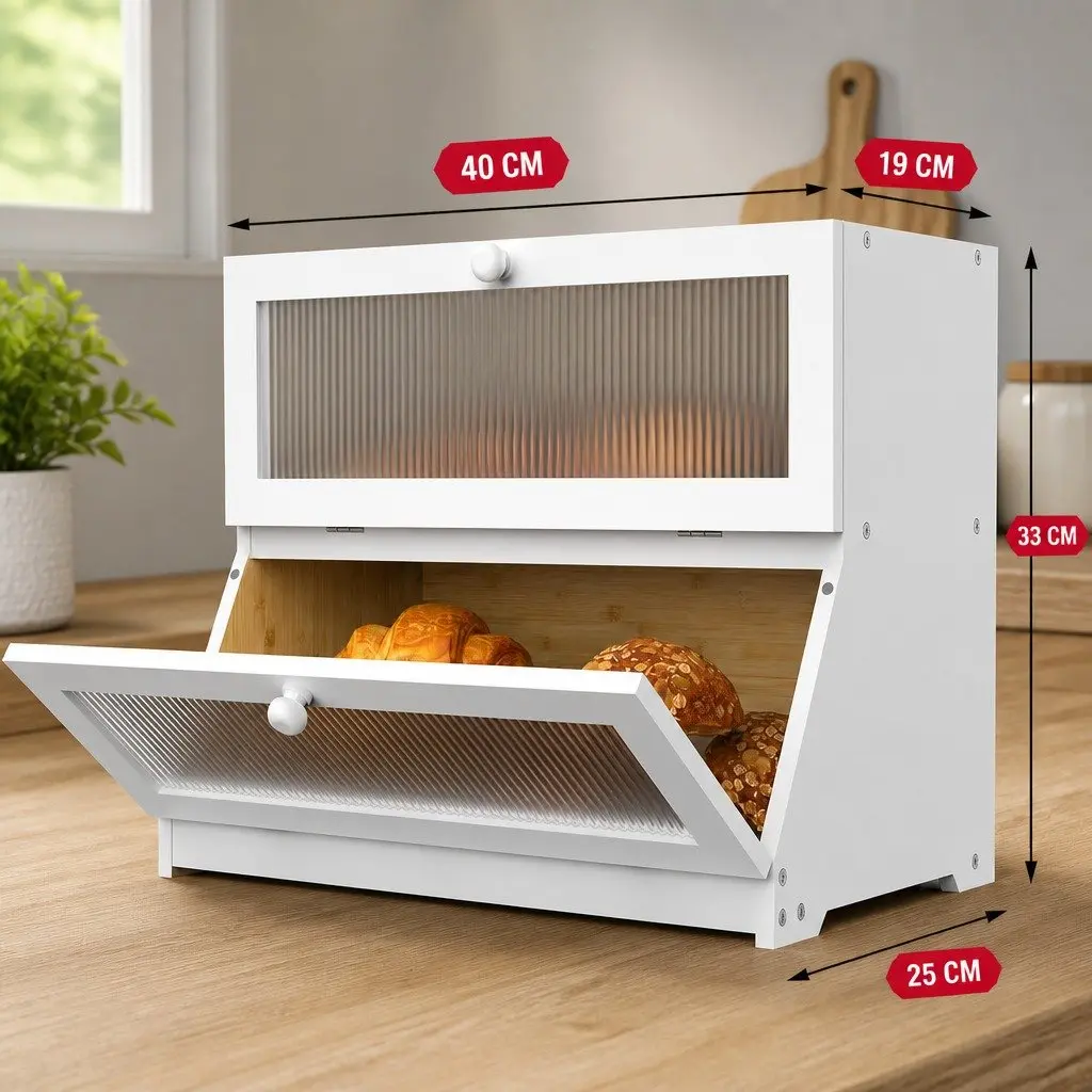 Double Layer Bamboo Bread Box Kitchen Counter Storage Container 25 x 40 x 33 cm