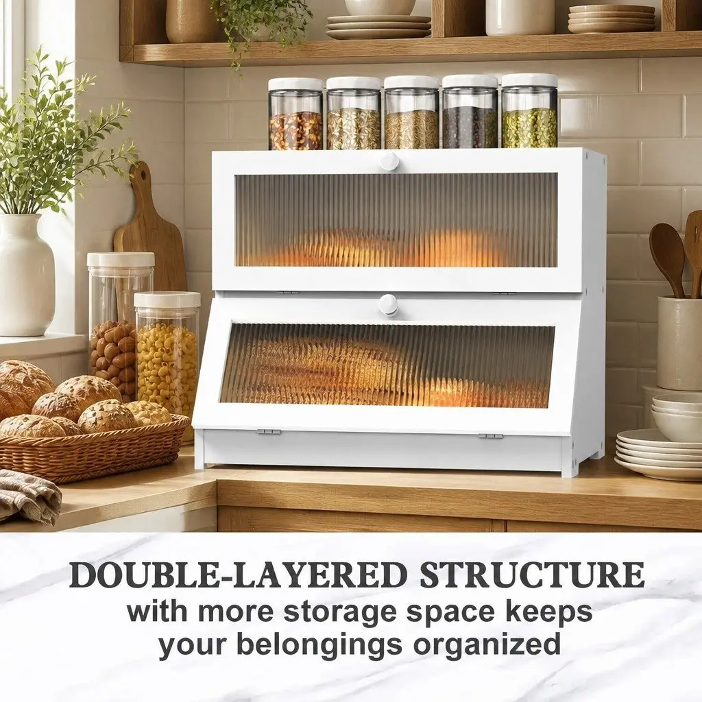 Double Layer Bamboo Bread Box Kitchen Counter Storage Container 25 x 40 x 33 cm