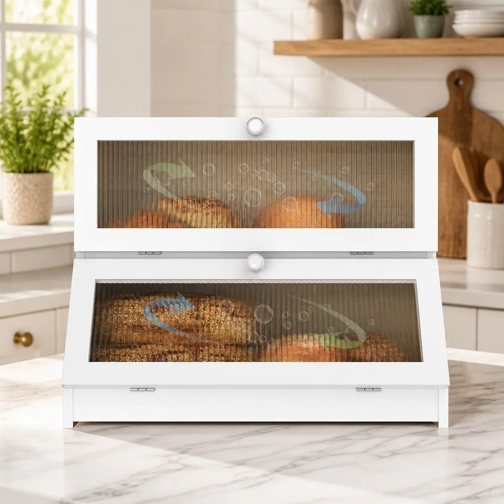 Double Layer Bamboo Bread Box Kitchen Counter Storage Container 25 x 40 x 33 cm
