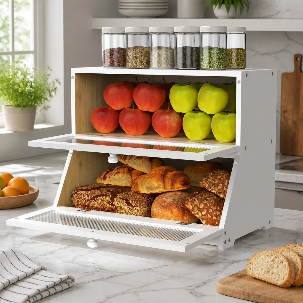 Double Layer Bamboo Bread Box Kitchen Counter Storage Container 25 x 40 x 33 cm