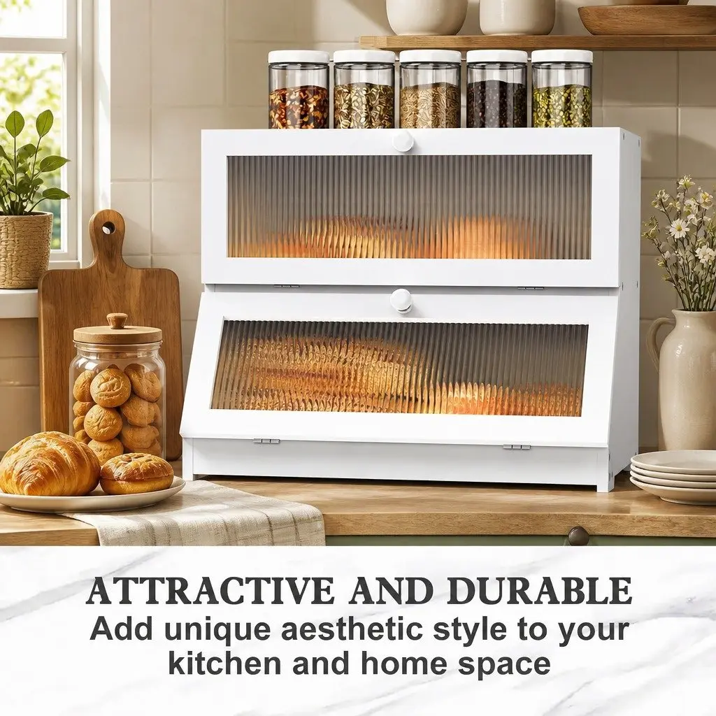 Double Layer Bamboo Bread Box Kitchen Counter Storage Container 25 x 40 x 33 cm