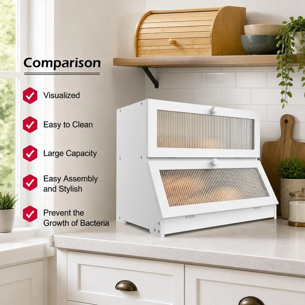 Double Layer Bamboo Bread Box Kitchen Counter Storage Container 25 x 40 x 33 cm