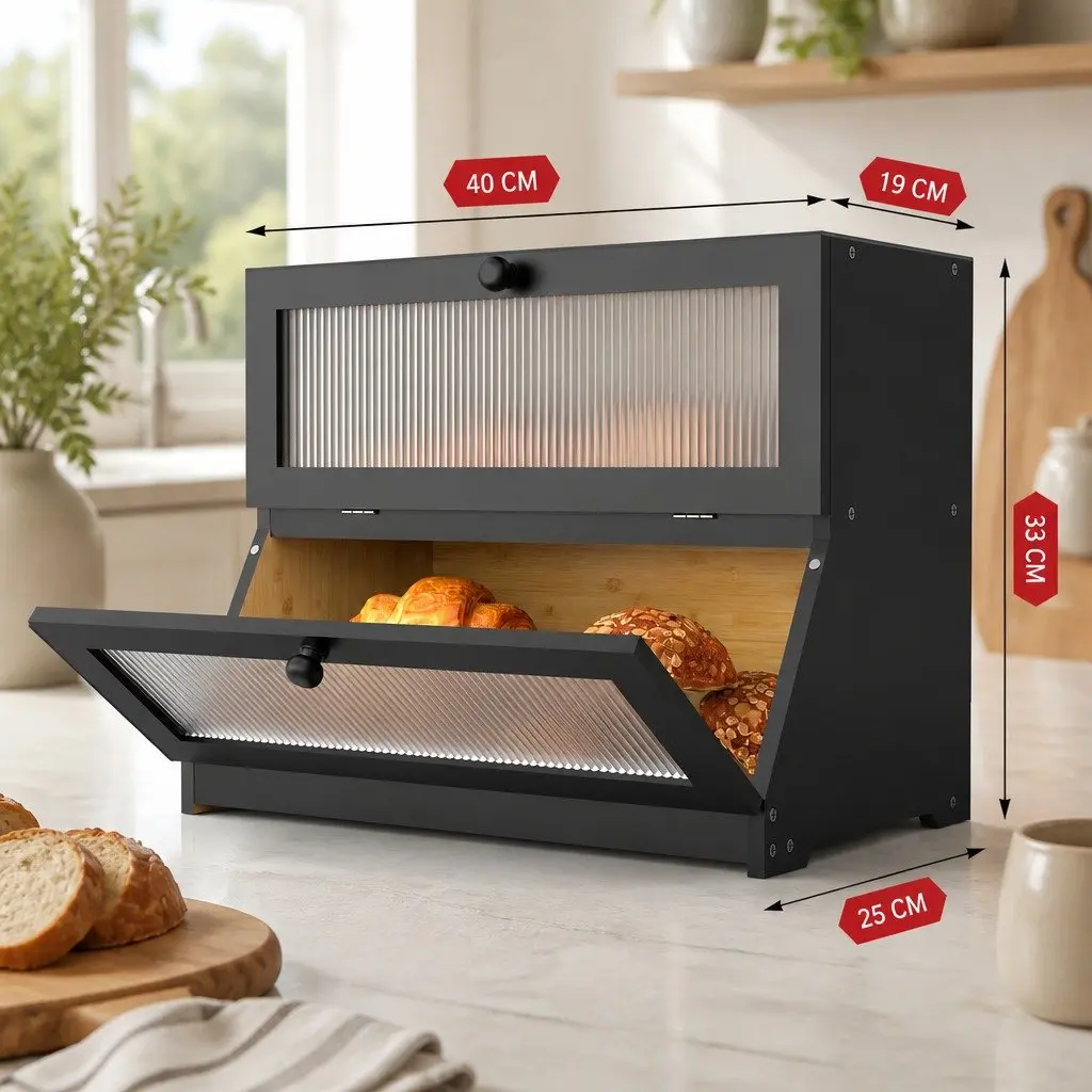 Bread Box Double Layer Bamboo Kitchen Counter Storage Container Clear Window