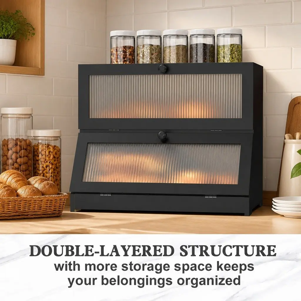 Bread Box Double Layer Bamboo Kitchen Counter Storage Container Clear Window