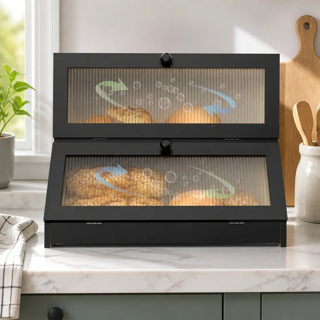 Bread Box Double Layer Bamboo Kitchen Counter Storage Container Clear Window