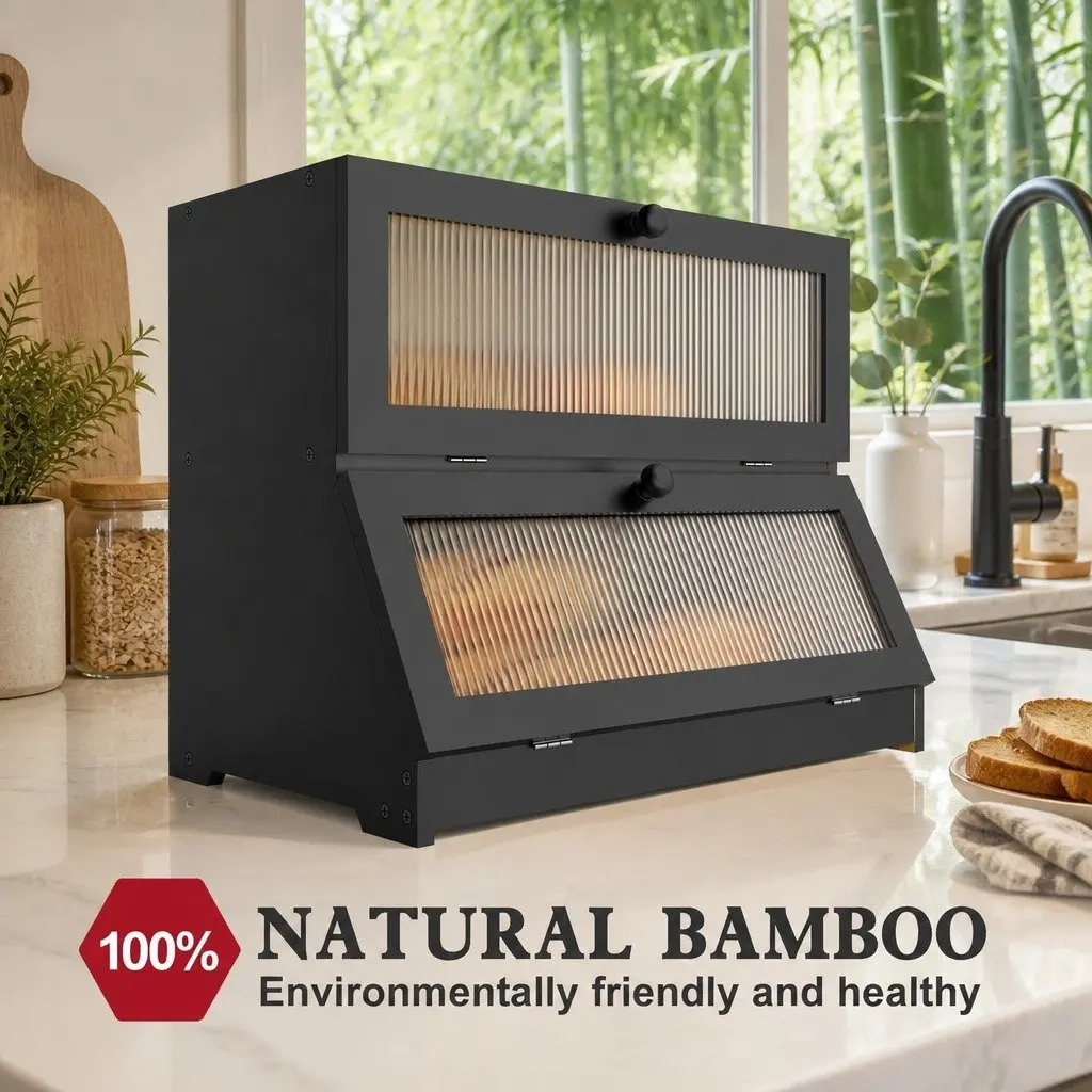 Bread Box Double Layer Bamboo Kitchen Counter Storage Container Clear Window