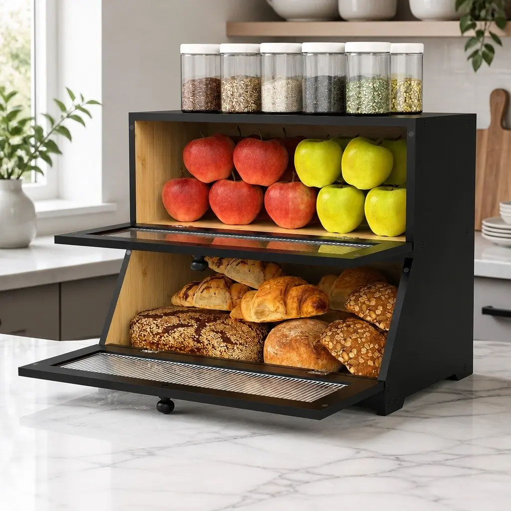 Bread Box Double Layer Bamboo Kitchen Counter Storage Container Clear Window