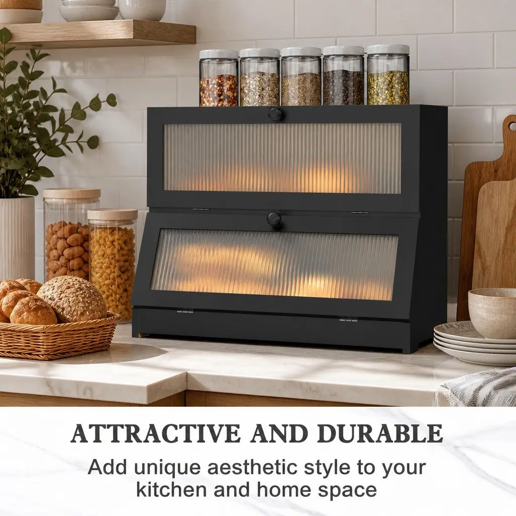 Bread Box Double Layer Bamboo Kitchen Counter Storage Container Clear Window