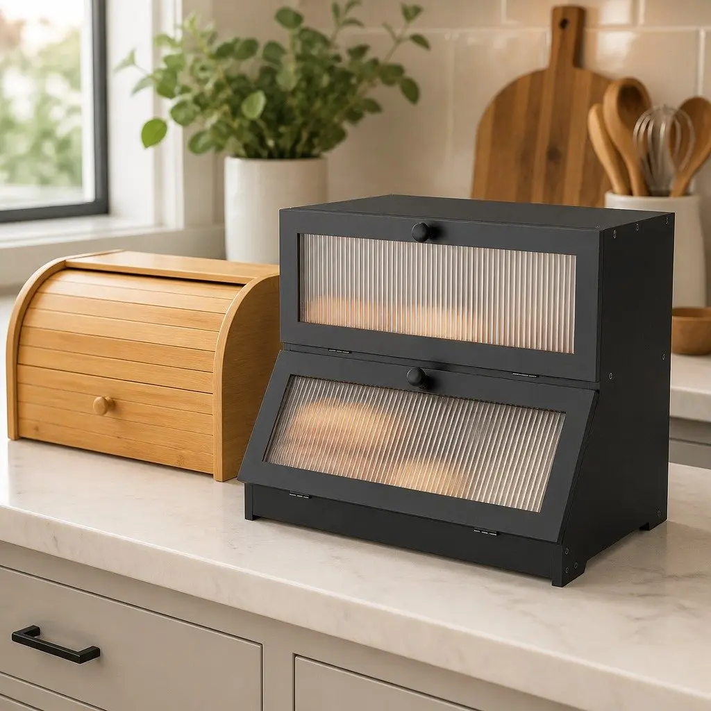 Bread Box Double Layer Bamboo Kitchen Counter Storage Container Clear Window