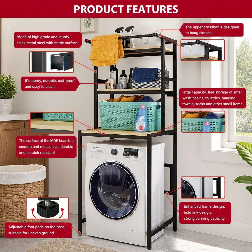 3-Tier Over Washing Machine Storage Rack Laundry Shelf Organizer Bathroom Toilet