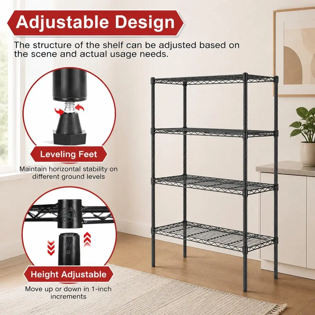 Metal Storage Shelves 4-Tier Wire Rack Organizer Kitchen Pantry Bathroom Laundry Room 60 cm W x 40 cm D x 140 cm H