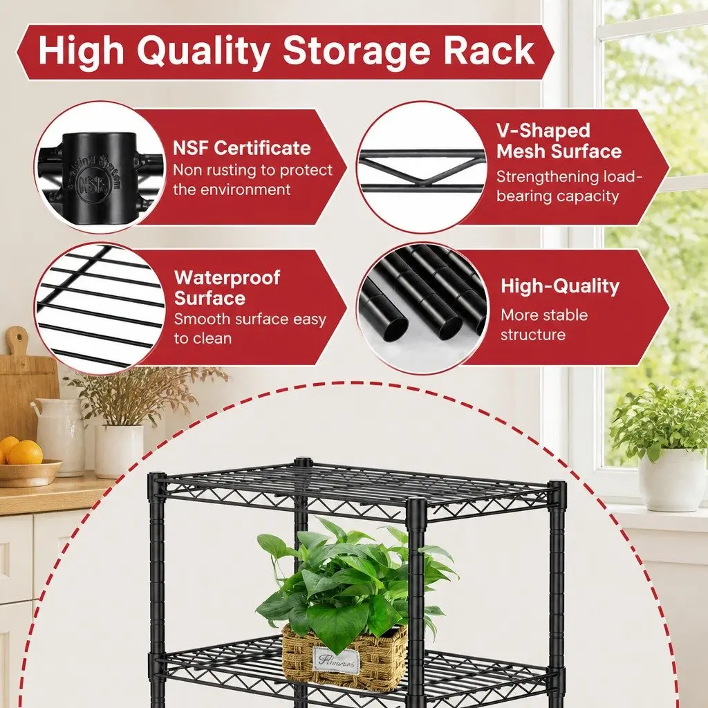 Metal Storage Shelves 4-Tier Wire Rack Organizer Kitchen Pantry Bathroom Laundry Room 60 cm W x 40 cm D x 140 cm H