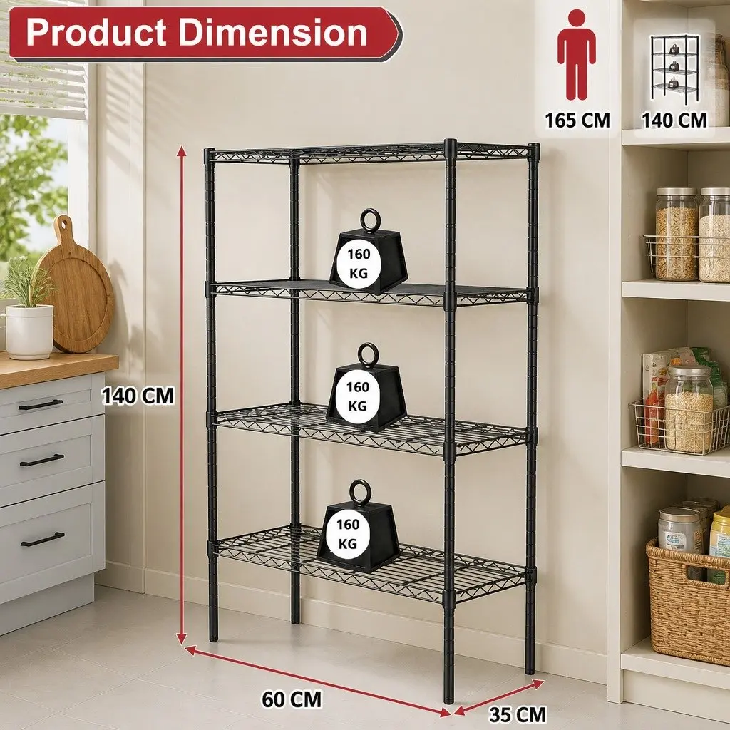 Metal Storage Shelves 4-Tier Wire Rack Organizer Kitchen Pantry Bathroom Laundry Room 60 cm W x 40 cm D x 140 cm H