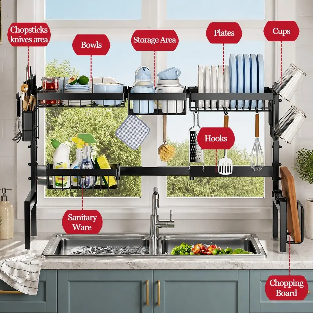 Over the Sink Dish Drying Rack Adjustable Kitchen Counter Storage Utensil Holder