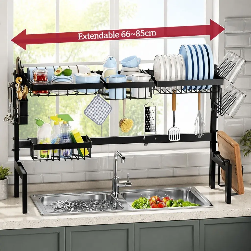 Over the Sink Dish Drying Rack Adjustable Kitchen Counter Storage Utensil Holder