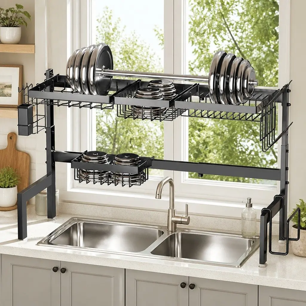 Over the Sink Dish Drying Rack Adjustable Kitchen Counter Storage Utensil Holder