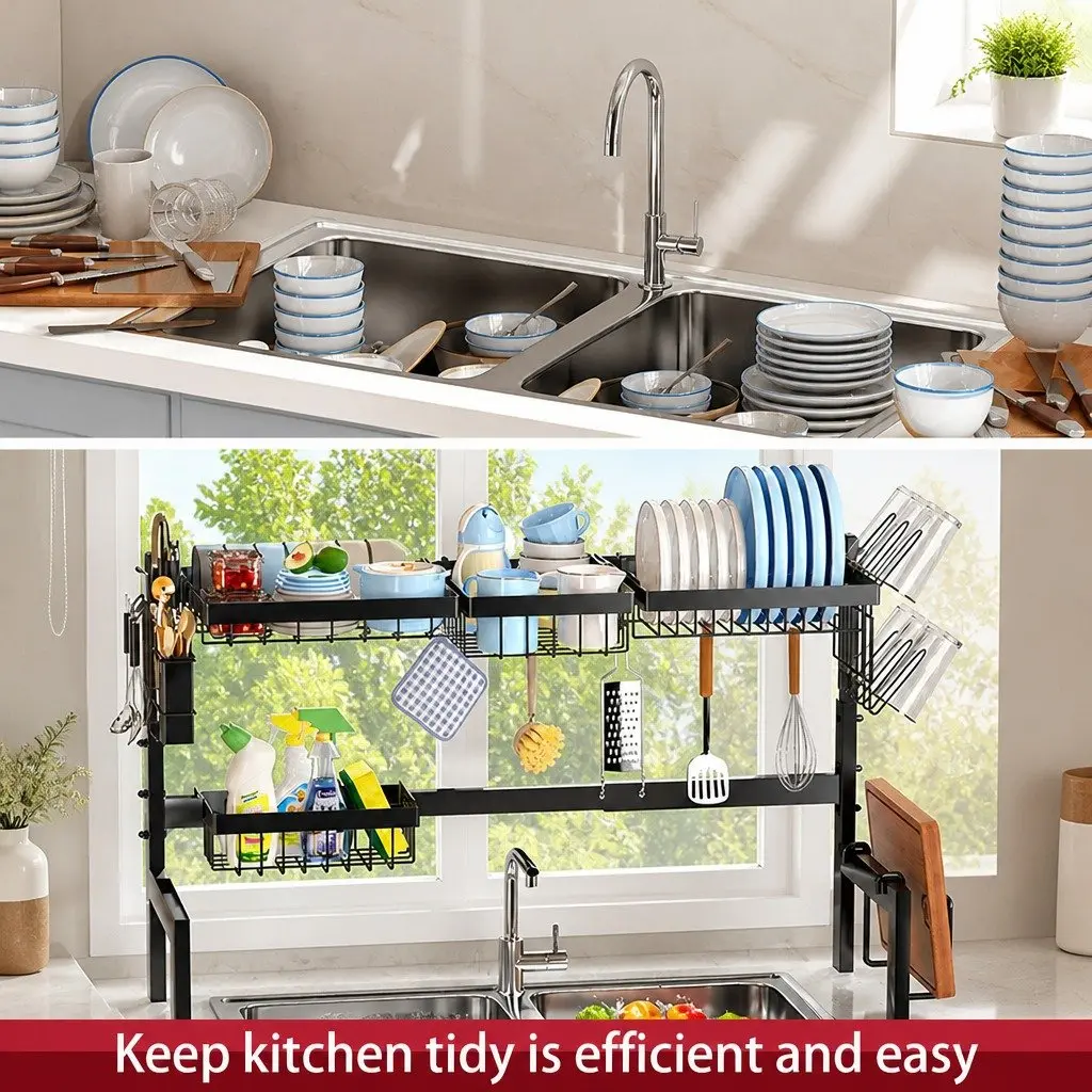 Over the Sink Dish Drying Rack Adjustable Kitchen Counter Storage Utensil Holder