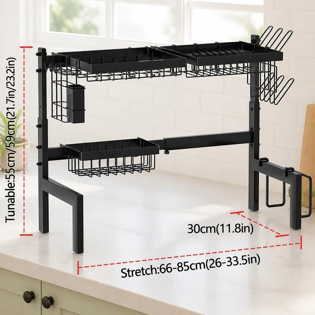 Over the Sink Dish Drying Rack Adjustable Kitchen Counter Storage Utensil Holder